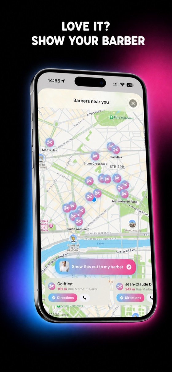 Map of nearby barbers inside the app